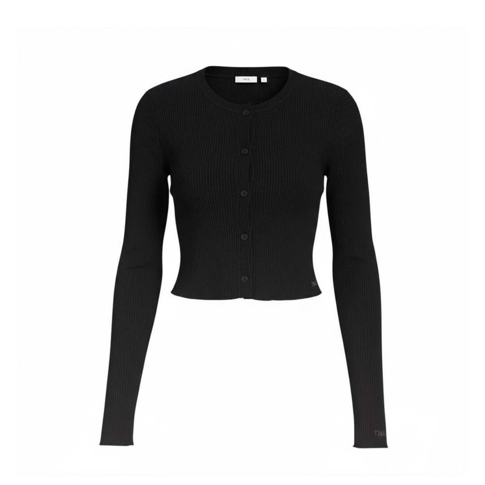 TNA Cardigan Women L Black Waffle Knit Cropped Lettuce Hem Thermal Top